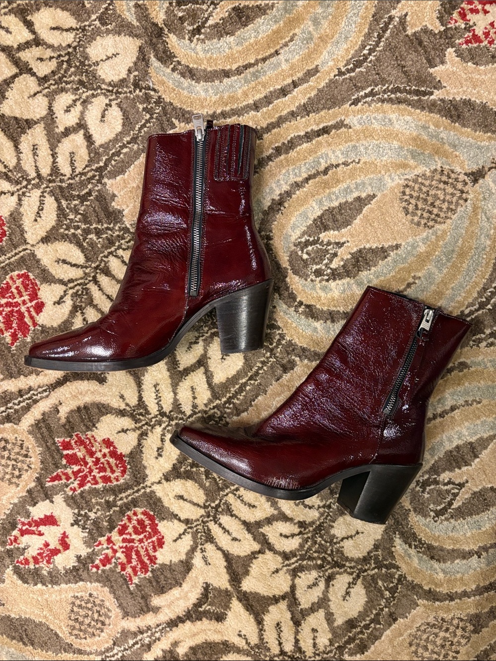 All Saints Women's Burgundy Patent Leather Ankle Boots with Side Zipper
